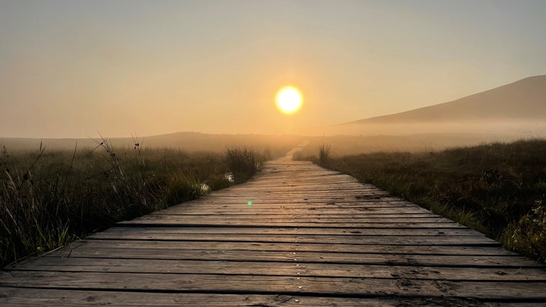 Misty sunset on boardwalk on Divis and the Black Mountain
